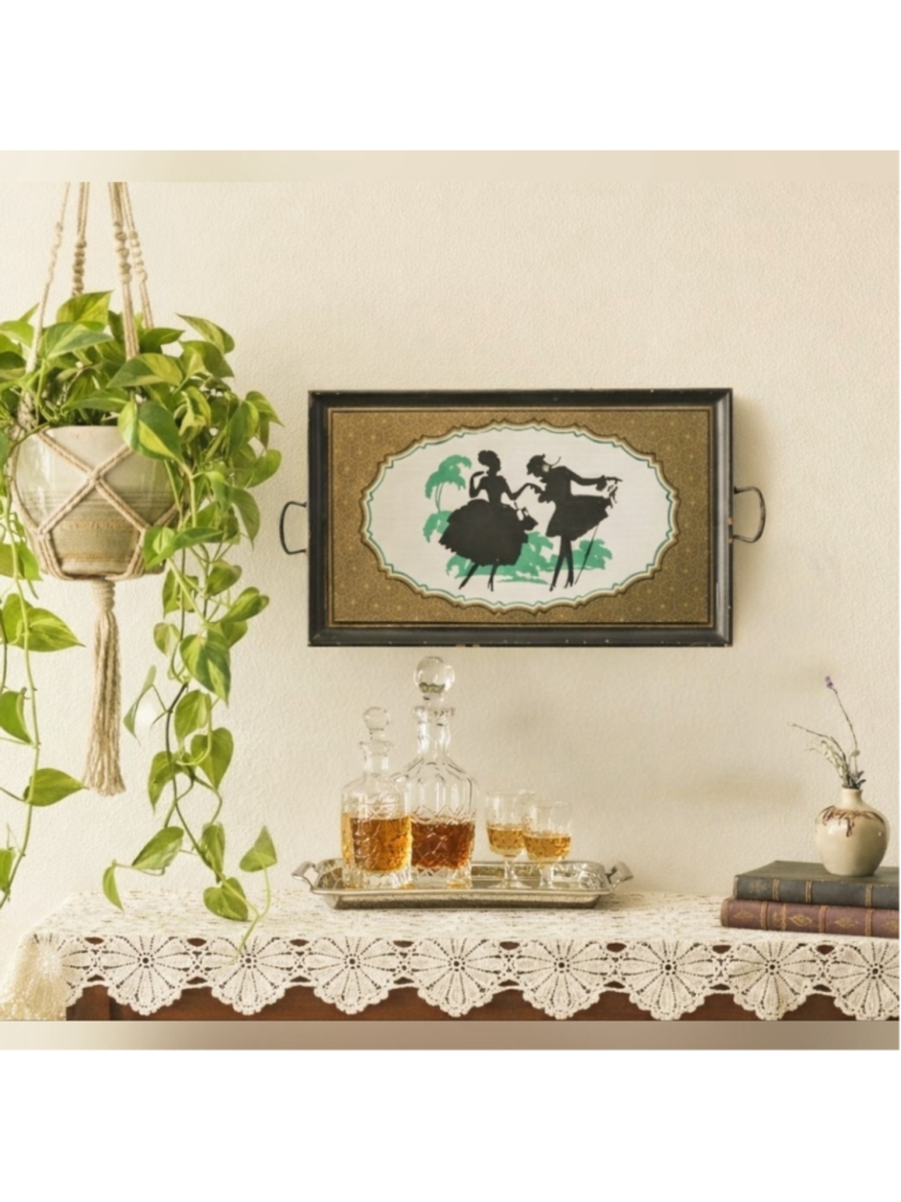 Vintage Silhouette Serving Tray • Hollywood Regency Reverse Painted Glass
